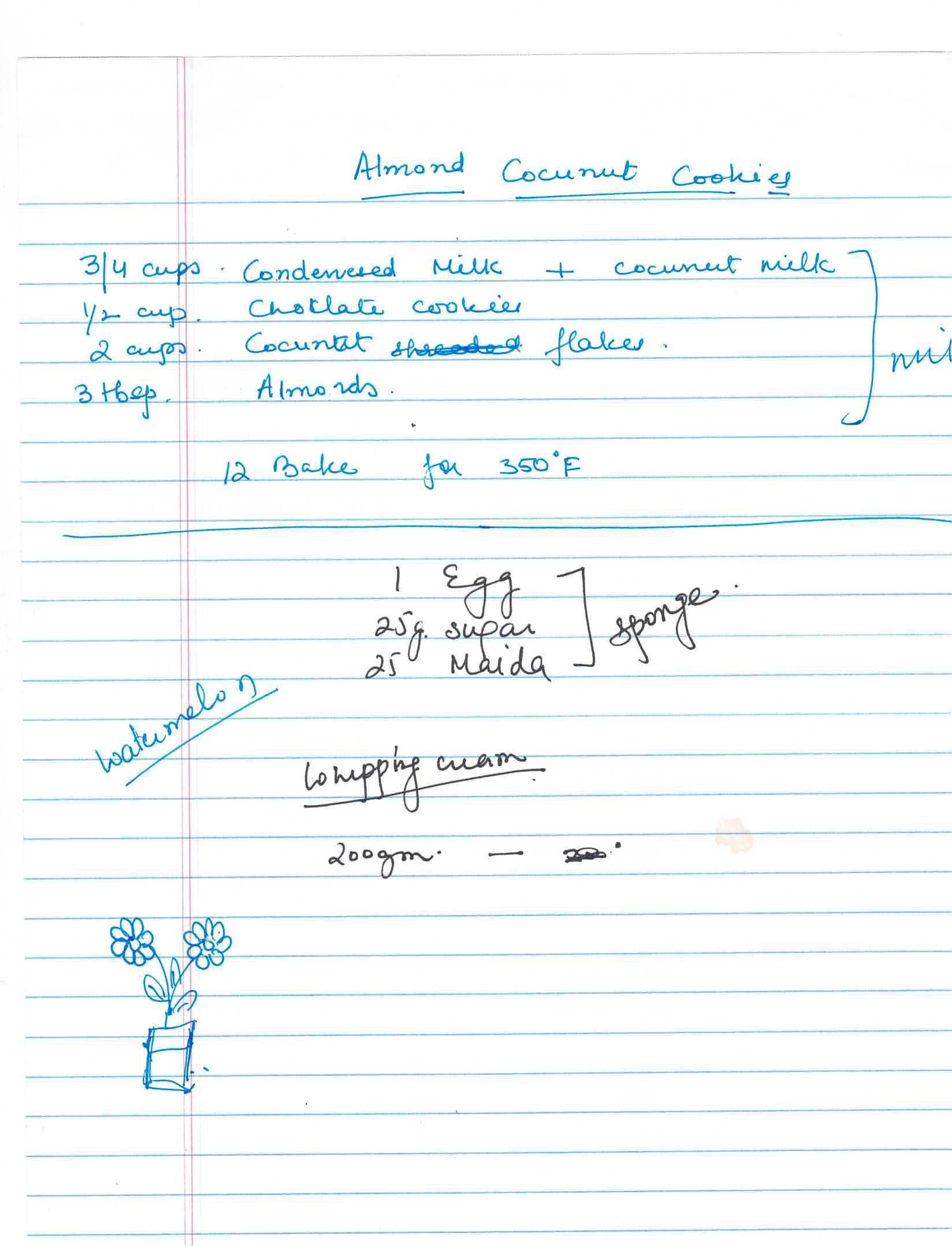 Neelu's handwritten recipe for Almond Coconut Cookies
