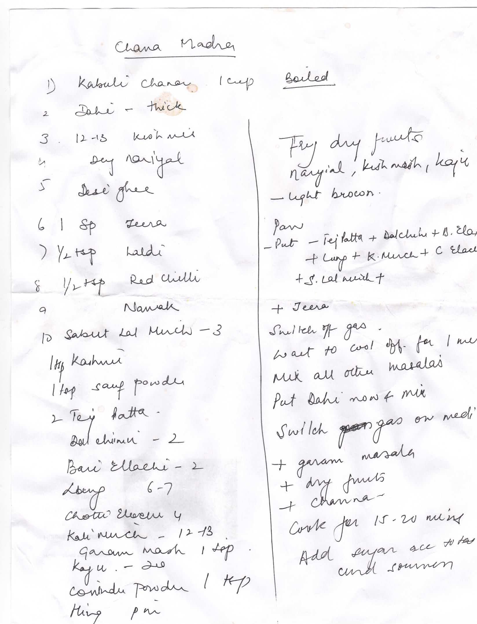 Neelu's handwritten recipe for Chana Madra