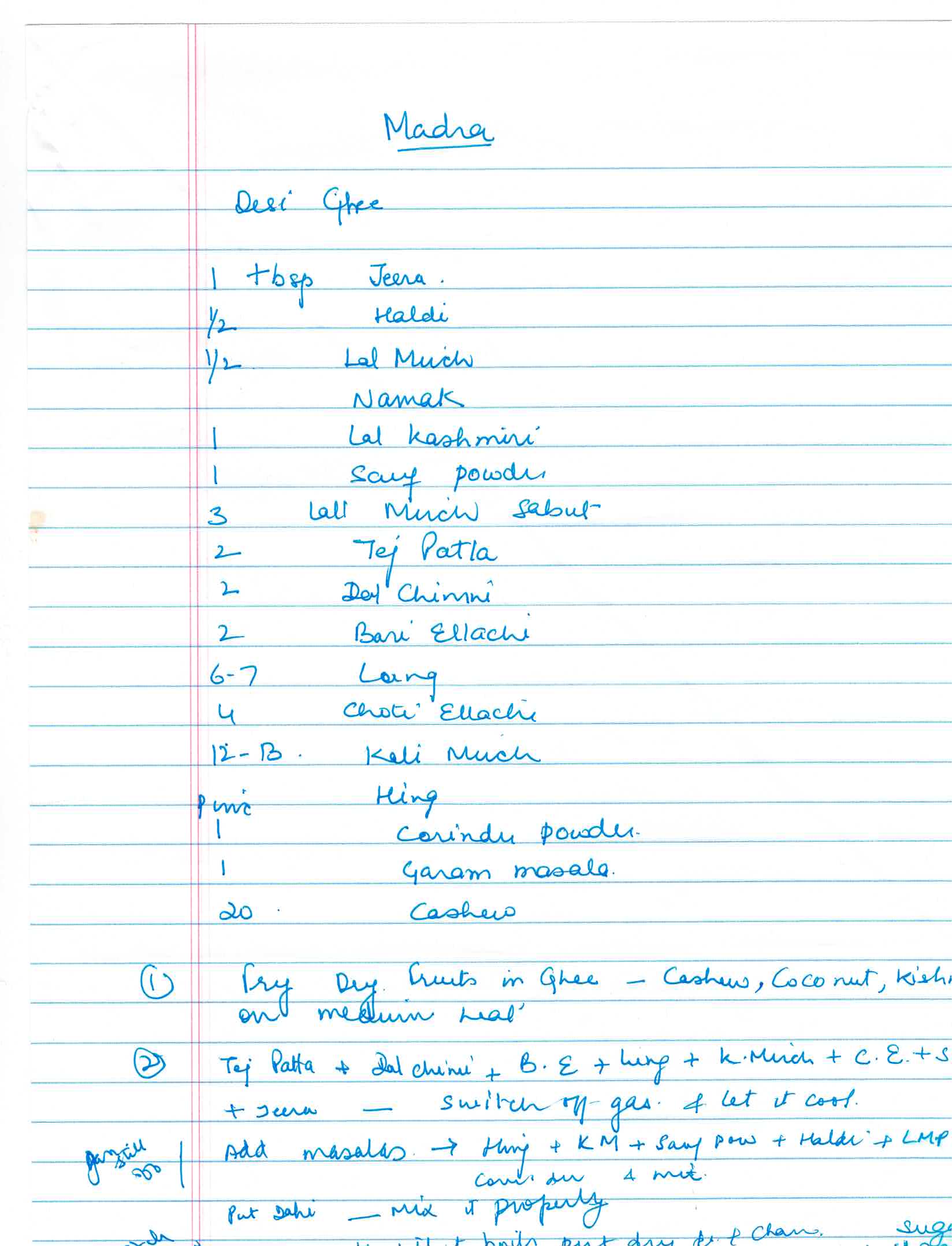 Neelu's handwritten recipe for Himachali Madra